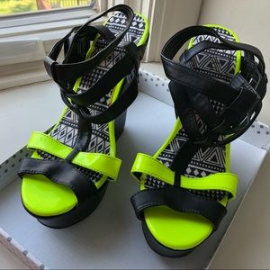 NWOT: neon yellow/green & black wedge heels